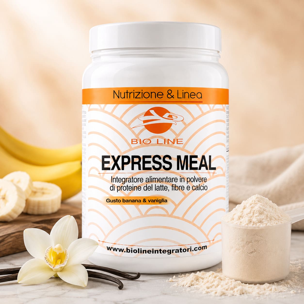 Express meal banana e vaniglia_400g Express Meal - Integratore in polvere di proteine del latte e fibre - Ideale nelle diete proteiche - immagine 1