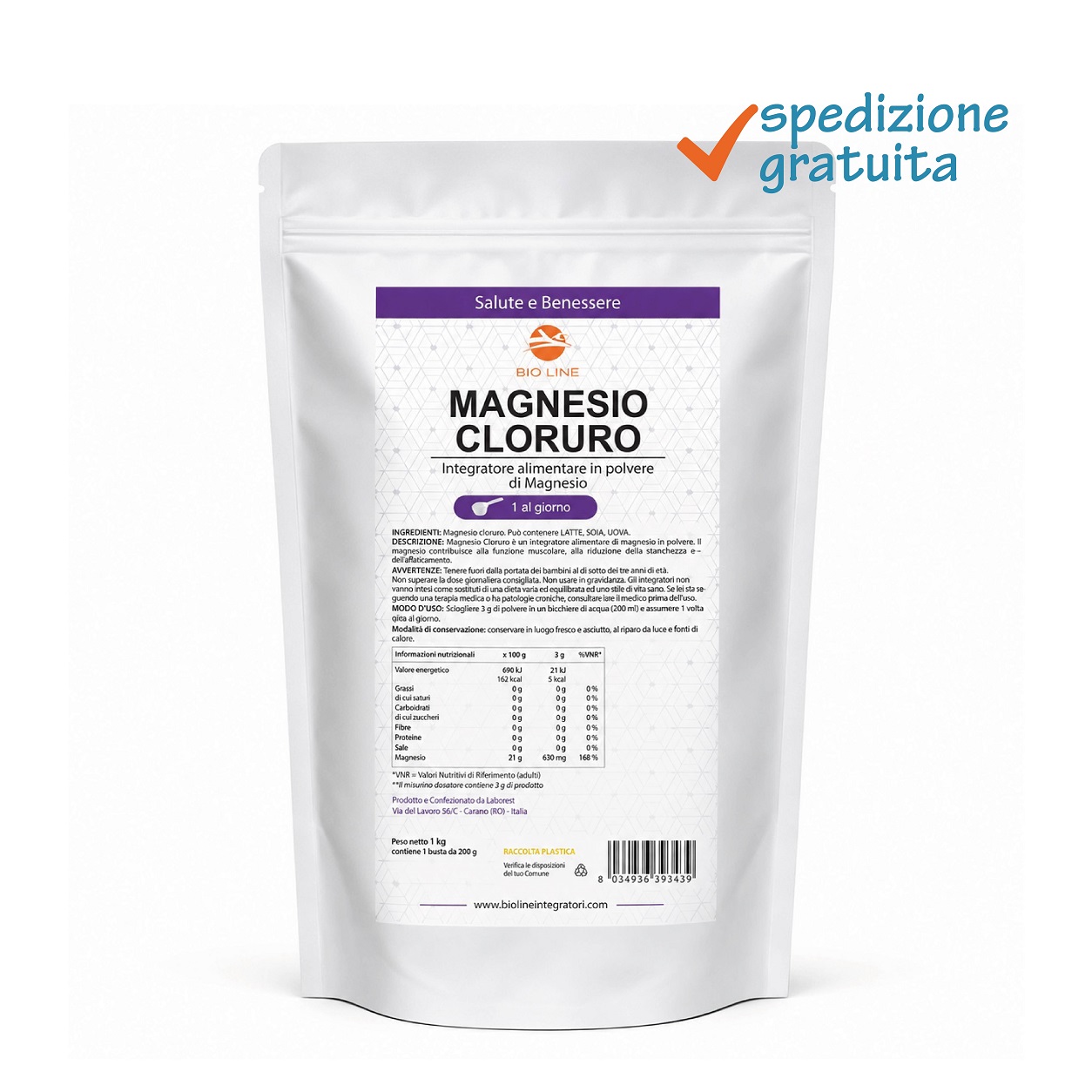 Magnesio cloruro_1000g_sg Magnesio Cloruro - Integratore in polvere di magnesio utile per la funzione muscolare - Sostanza pura senza eccipienti - immagine 1