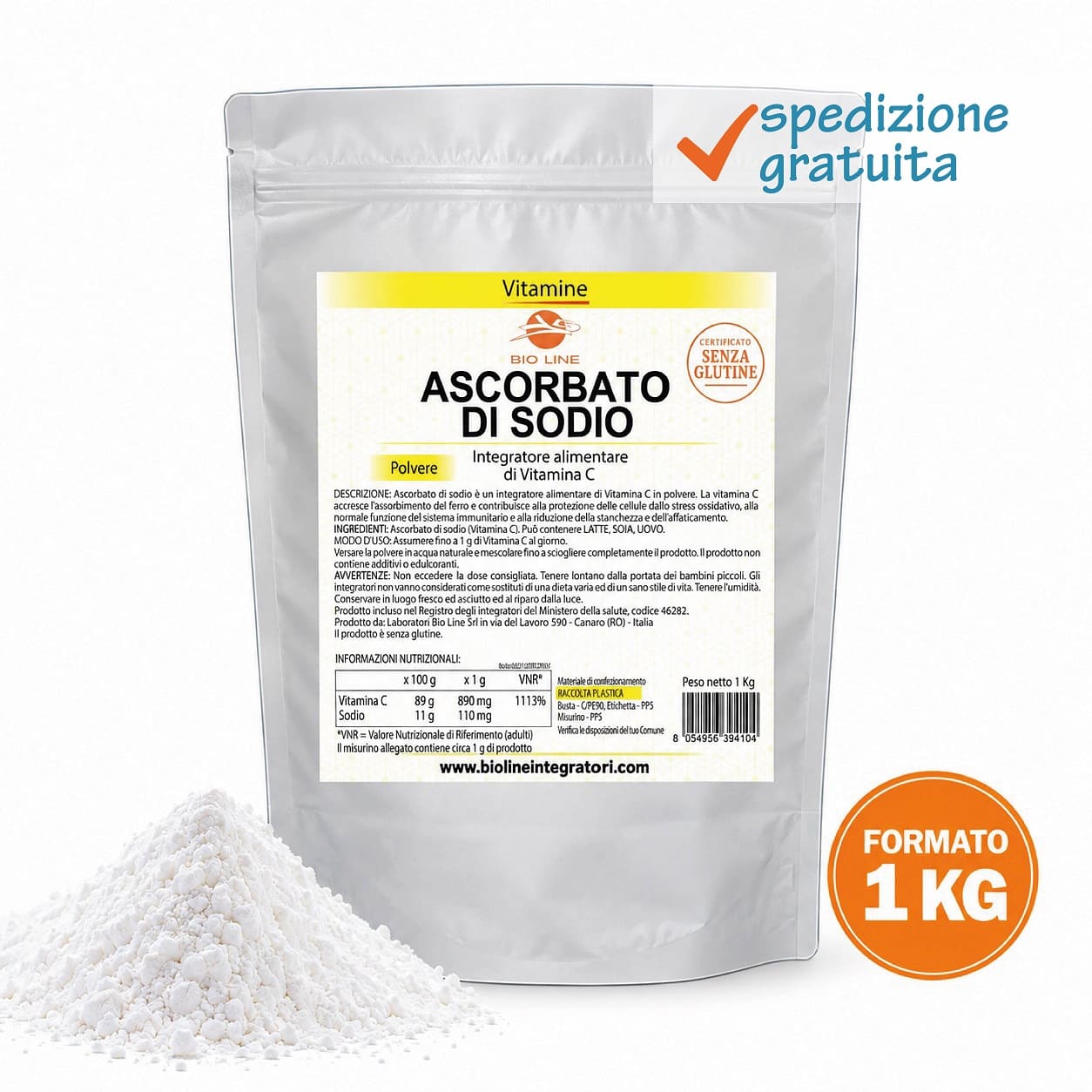 Ascorbato di sodio_1Kg Ascorbato di Sodio - Integratore in polvere in busta di vitamina C - Utile per l'azione antiossidante - Sostanza pura senza eccipienti - immagine 1